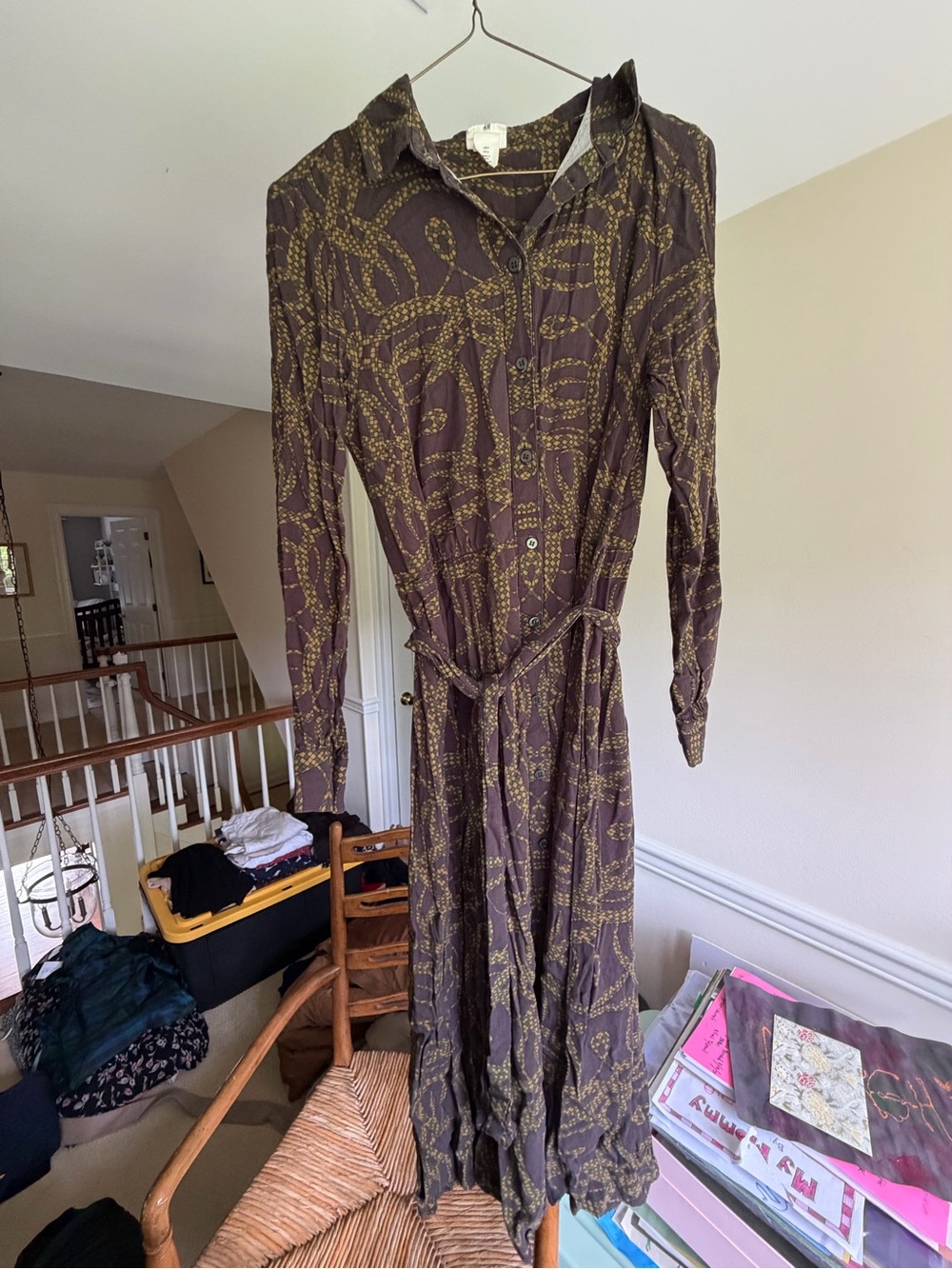 Brown Long-Sleeve Printed Shirt Dress with Tie Waist